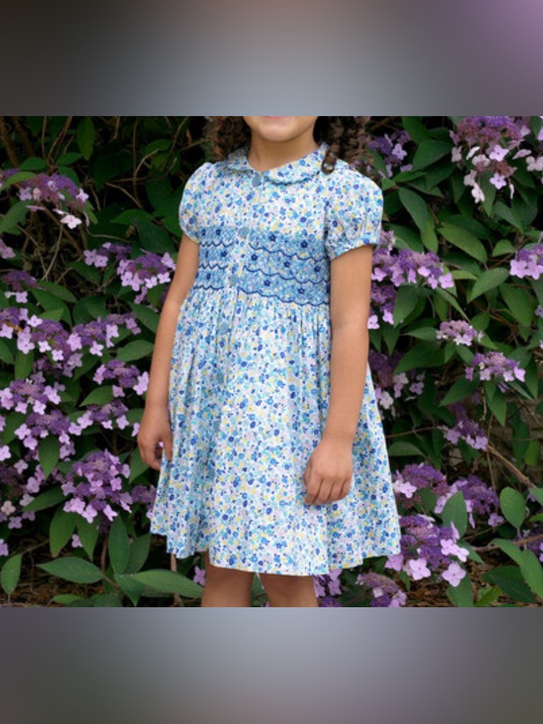 Rachel Riley Blue And White Floral Smocked Dress